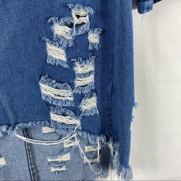 THRILL Denim Embroidered Distressed Mini Dress - L - Picture 3 of 7